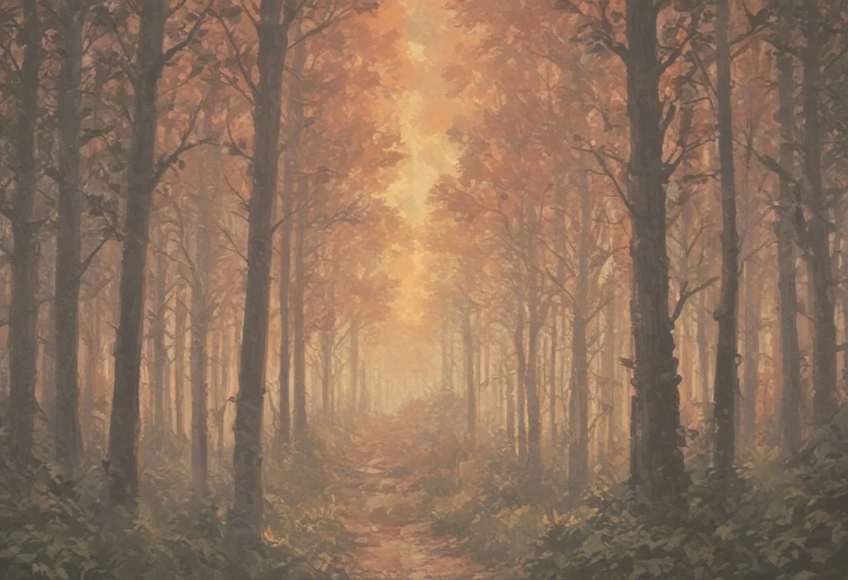 score_9, score_8_up, score_7_up, score_6_up, lanscape, very Peaceful, forest, large and tall trees, giant forest, sunset central focus is an ancient old oak tree