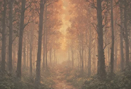 score_9, score_8_up, score_7_up, score_6_up, lanscape, very Peaceful, forest, large and tall trees, giant forest, sunset central focus is an ancient old oak tree