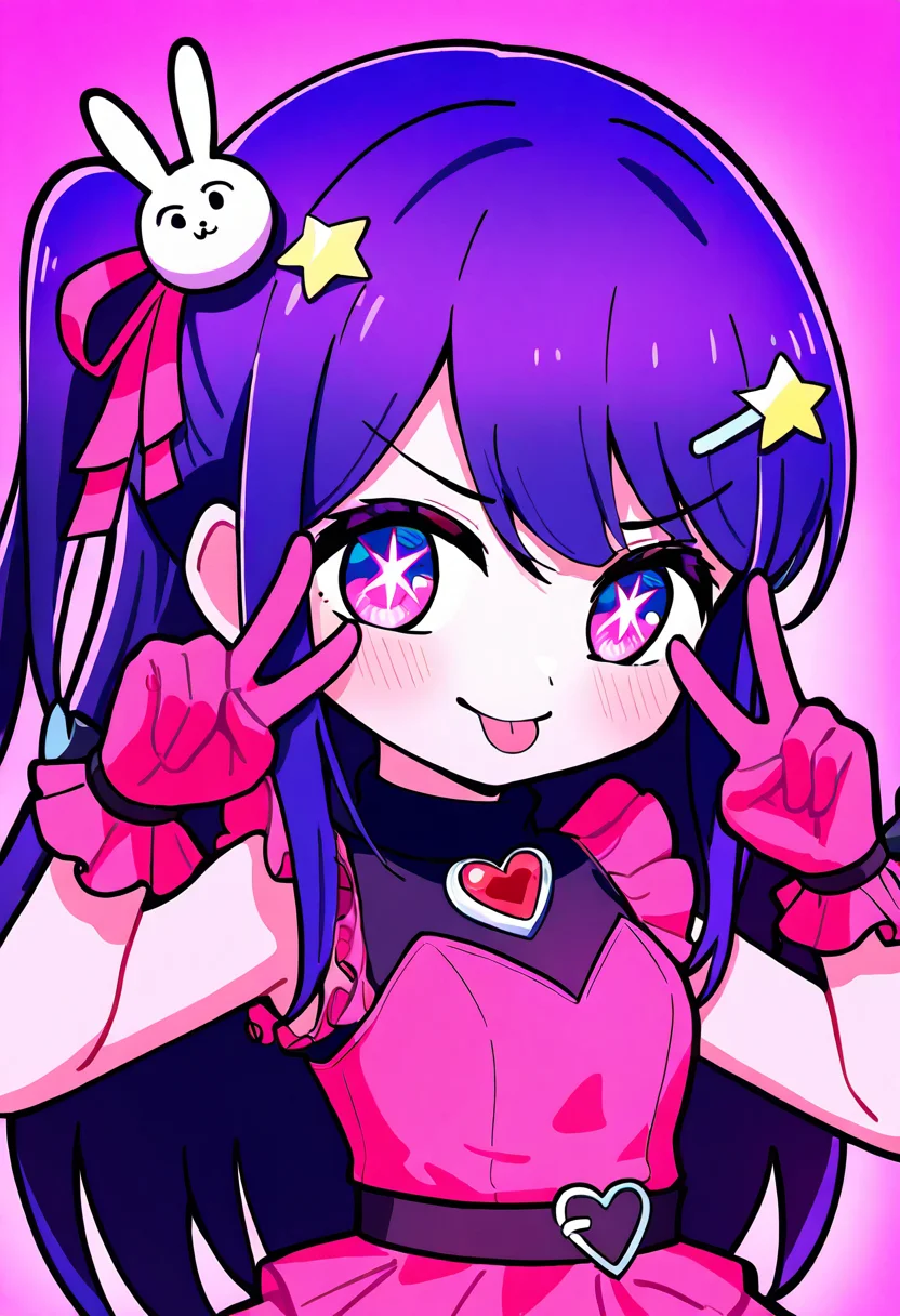 masterpiece, best quality, newest, absurdres, highres,chibi,oshi no ko, 1girl, purple hair, tongue, long hair, star-shaped pupils, symbol-shaped pupils, purple eyes, blush, double v, one side up, sidelocks, hair between eyes, pink eyes, :p, v-shaped eyebrows, gloves, dress, star (symbol), hair ornament, pink dress, frills, frilled dress, belt, sleeveless, hair ribbon, sleeveless dress, brooch, looking at viewer, v, v over eye, idol, solo, pink background, upper body, simple background, twitter username, hoshino ai (oshi no ko), rabbit hair ornament, tongue out, pink gloves, turtleneck dress, black belt, idol clothes, pink ribbon, heart, closed mouth, heart brooch, frilled gloves, jewelry, smile, sparkling eyes, star hair ornament,,<lora:maplestory-000011prodigy:1>
