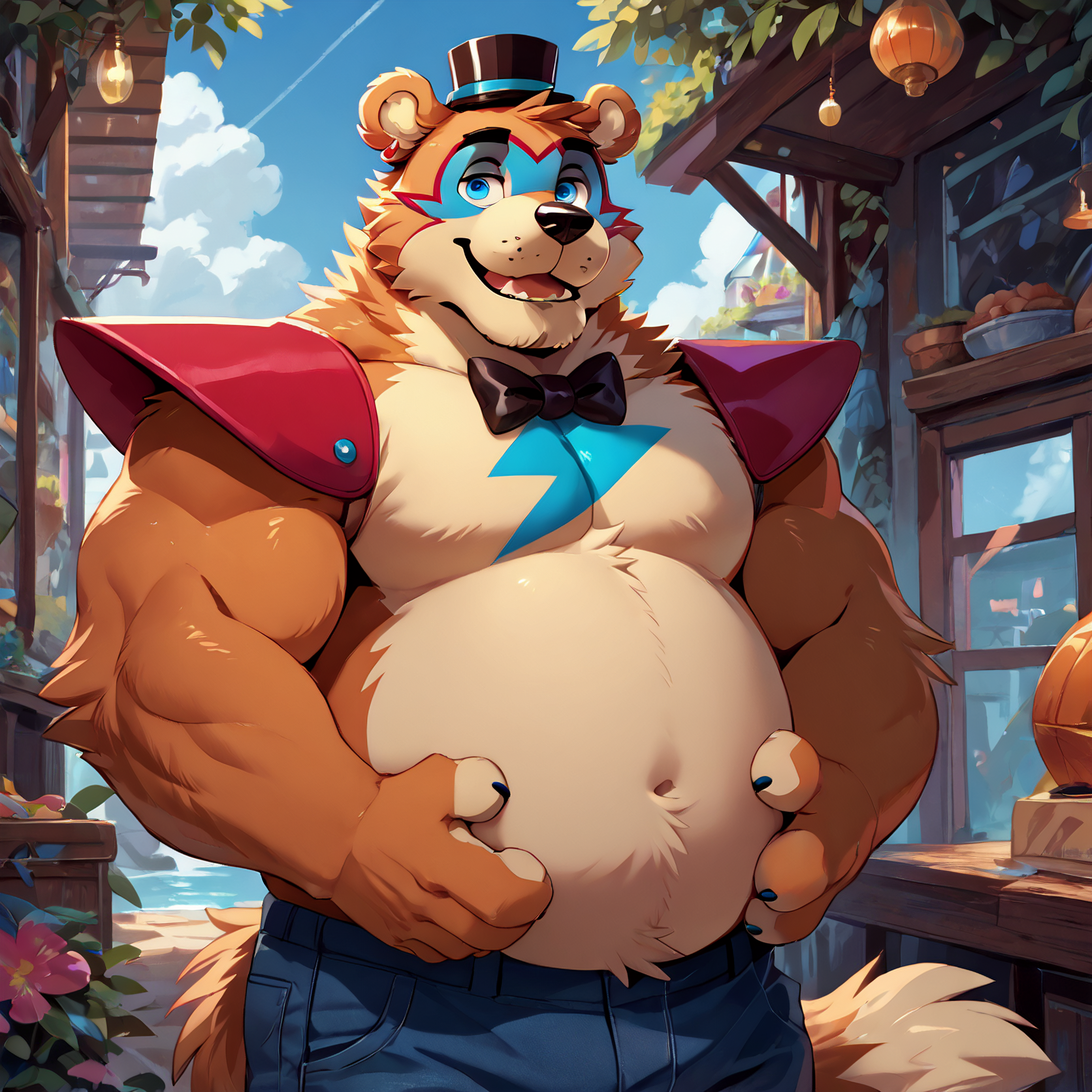<lora:bigfreddy_ponyxl-10:1>  score_9_up, score_8_up, score_7_up, source_furry, best quality, masterpiece, (bigfreddy), bear ears, solo, (looking at viewer), perfect body,  (perfect anatomy),  fluffy paws, (fluffy paws), detailed ears, detailed hands, detailed body, perfect body, (detailed hands),  zPDXL3, detailed hat, male focus,  (flat chest), fluffy head:0.8,  (black bowtie), muscular, older, mature male, pants, 
 <lora:HandFixer_pdxl_Incrs_v1:0.5>