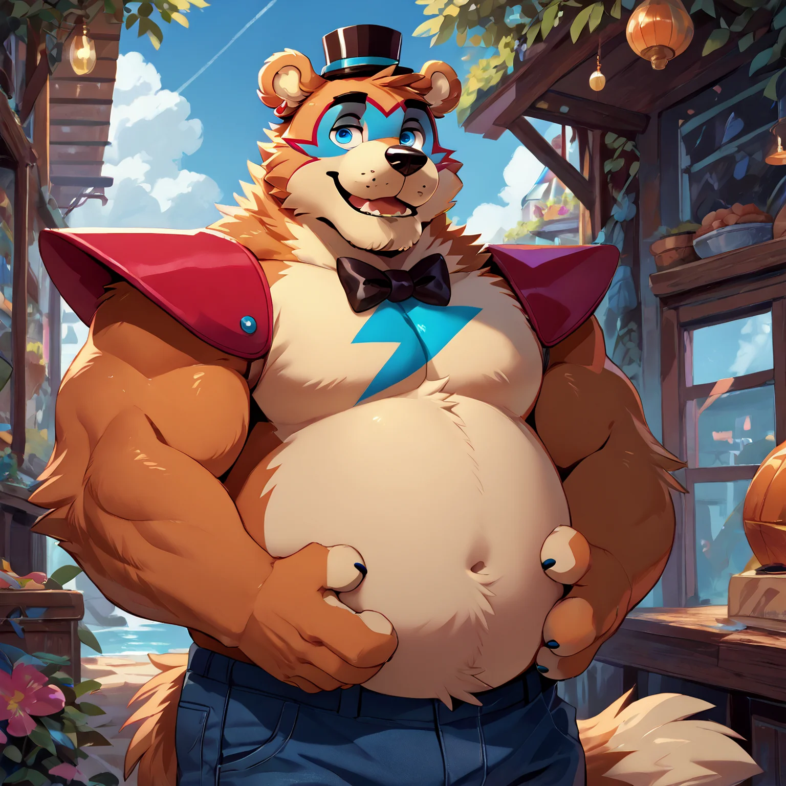 <lora:bigfreddy_ponyxl-10:1>  score_9_up, score_8_up, score_7_up, source_furry, best quality, masterpiece, (bigfreddy), bear ears, solo, (looking at viewer), perfect body,  (perfect anatomy),  fluffy paws, (fluffy paws), detailed ears, detailed hands, detailed body, perfect body, (detailed hands),  zPDXL3, detailed hat, male focus,  (flat chest), fluffy head:0.8,  (black bowtie), muscular, older, mature male, pants, 
 <lora:HandFixer_pdxl_Incrs_v1:0.5>