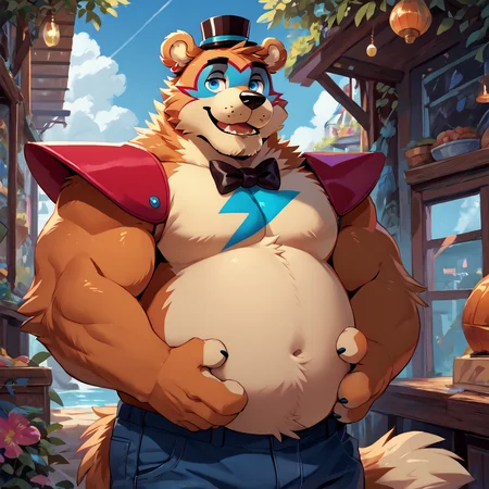 <lora:bigfreddy_ponyxl-10:1> score_9_up, score_8_up, score_7_up, source_furry, best quality, masterpiece, (bigfreddy), bear ears, solo, (looking at viewer), perfect body, (perfect anatomy), fluffy paws, (fluffy paws), detailed ears, detailed hands, detailed body, perfect body, (detailed hands), zPDXL3, detailed hat, male focus, (flat chest), fluffy head:0.8, (black bowtie), muscular, older, mature male, pants,
<lora:HandFixer_pdxl_Incrs_v1:0.5>