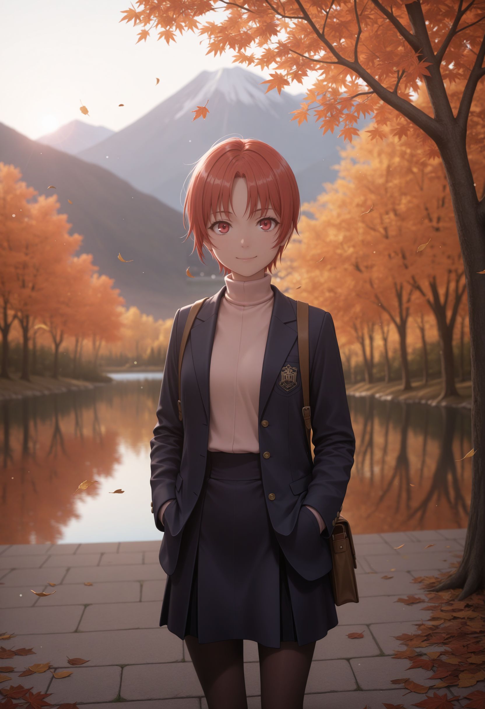 masterpiece,best quality,absurdres,highres,very aesthetic,high quality,detailed,insanely detailed,beautiful,perfect lighting, ,depth of field,blurry background,bokeh, 
 <lora:Izumi Rita Illu :1> 1girl, short hair, red hair, , red eyes, 
blazer, turtleneck, high-waist skirt, pantyhose, hands in pocket, outdoors, autumn, lake, tree, mountain, falling leaves, wind, standing, smile, looking the viewer