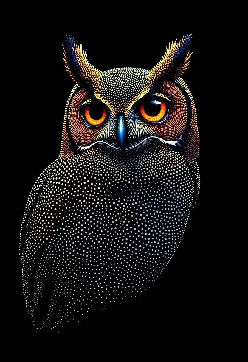 A serene owl with wide, intense eyes, made from glowing dots, in the style of PSYCHDOT, isolated on a solid black background