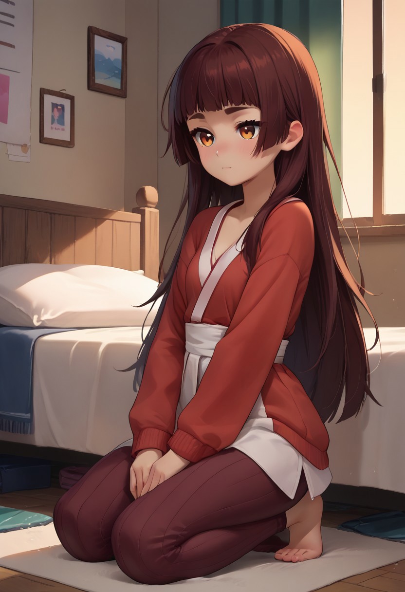 score_9, score_8_up, score_7_up, score_6_up, score_5_up, score_4_up, source_anime, BREAK, Expressiveh, solo, bedroom, kneeling, full body, miko iino, hiyajou maho