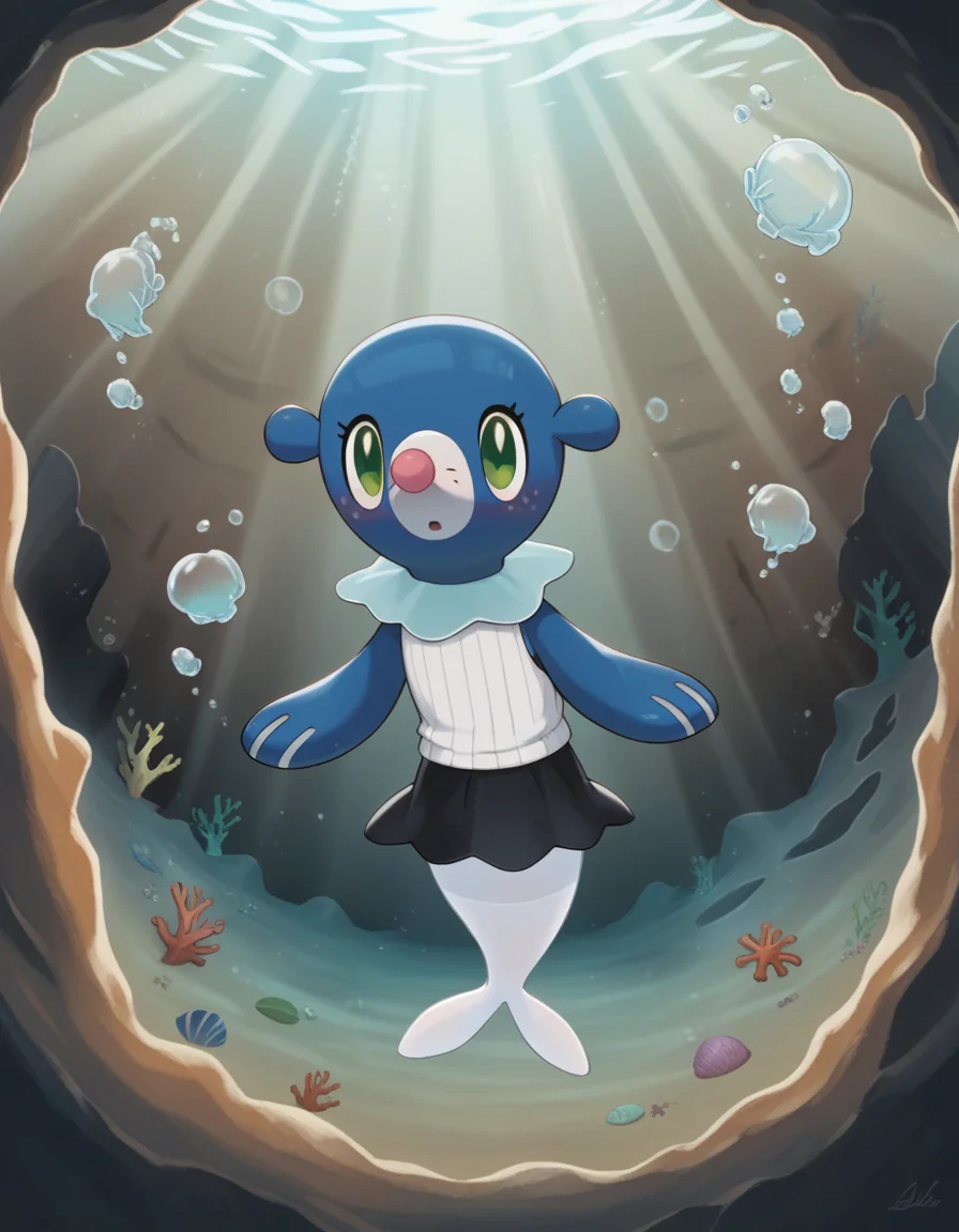 score_9, score_8_up, score_7_up, score_6_up, score_5_up, score_4_up, 1girl, full body, solo, furry female,
ribbed sweater, white sweater, black skirt, sleeveless, pantyhose, white pantyhose, looking at viewer, blush, fish tail, underwater, swimming, air bubble, bubble,
(a crystalline underwater cave, with sparkling formations, radiant light, clear water pools, serene ambiance:1.5), <lora:Popplio_v0-4-lora:0.8> popplio, blue fur, white snout, pink nose, droopy ears, whisker markings, blue collar, frilled collar, pokemon \(creature\), (seal \(animal\):1.2), green eyes, eyelashes, pinniped, flippers, freckles
