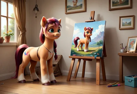 score_9, score_8_up, score_7_up, score_6_up, score_5_up, score_4_up, sunny starscout,
earth pony, pegasus pony, g5, inside, rich colors, artist workshop, presents a painting of rabbits, aroused, front view, detailed background, pony, solo, detailed, 8k quality, side view, beautiful, teasing, easel and brushes, leaned to the floor, close up,