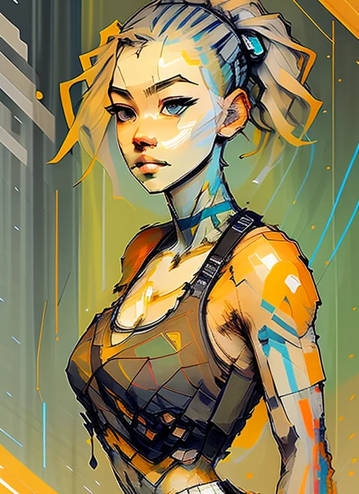 award winning half body portrait of a beautiful woman in a croptop and cargo pants, paint splashes, (short hair:1.0), splatter, outrun, vaporware, shaded flat illustration, digital art, trending on artstation, highly detailed, fine detail, intricate