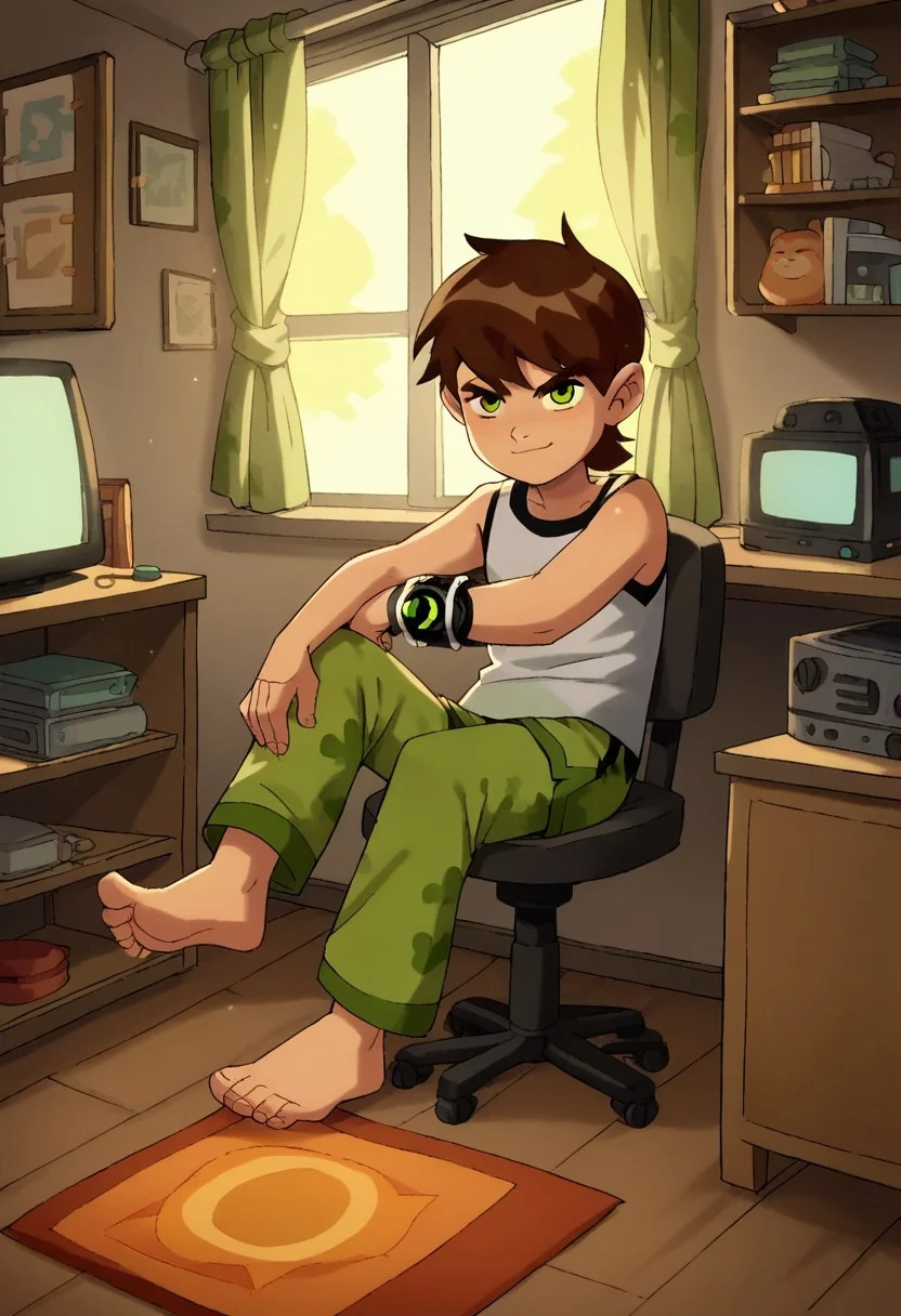 score_9, score_8_up, score_7_up, score_6_up, score_5_up, score_4_up, cute boy , brown hair, green eyes, bracelet, smog slime, wear pajamas, tiny shorts , Tank top shirt , bare foot , sitting in a chair , messy bedroom , TV , games , windows , sun.