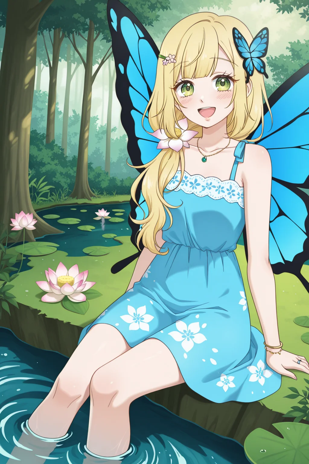 <lora:HoneyLemonSoda:1>, HoneyLemonSoda, 1girl, hair ornament, bracelet, butterfly wings, necklace, flower, hair over shoulder, sitting, fairy wings, water, butterfly hair ornament, wings, open mouth, lily pad, smile, solo, tree, outdoors, looking at viewer, blush, insect wings, dress, soaking feet, floral print, :d, bug, ring, bare shoulders, day, collarbone, butterfly, nature, sleeveless, lotus, solo, hair flower