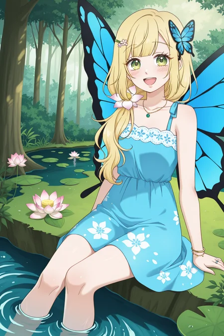 <lora:HoneyLemonSoda:1>, HoneyLemonSoda, 1girl, hair ornament, bracelet, butterfly wings, necklace, flower, hair over shoulder, sitting, fairy wings, water, butterfly hair ornament, wings, open mouth, lily pad, smile, solo, tree, outdoors, looking at viewer, blush, insect wings, dress, soaking feet, floral print, :d, bug, ring, bare shoulders, day, collarbone, butterfly, nature, sleeveless, lotus, solo, hair flower