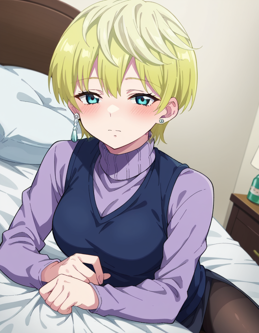 score_9, score_8_up, score_7_up, source_anime,
tenkaizumo, <lora:tenka-izumo-s1-ponyxl-lora-nochekaiser:1>
tenka izumo, short hair, blue eyes, blonde hair,
skirt, long sleeves, jewelry, pantyhose, earrings, vest, sweater, turtleneck, turtleneck sweater,
indoors, bed, bed room, on side, blush, drunk,
looking at viewer, cowboy shot, dutch angle, solo,