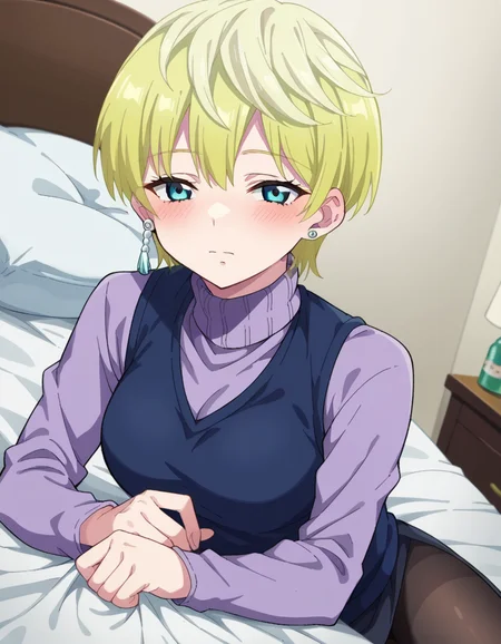 score_9, score_8_up, score_7_up, source_anime,
tenkaizumo, <lora:tenka-izumo-s1-ponyxl-lora-nochekaiser:1>
tenka izumo, short hair, blue eyes, blonde hair,
skirt, long sleeves, jewelry, pantyhose, earrings, vest, sweater, turtleneck, turtleneck sweater,
indoors, bed, bed room, on side, blush, drunk,
looking at viewer, cowboy shot, dutch angle, solo,