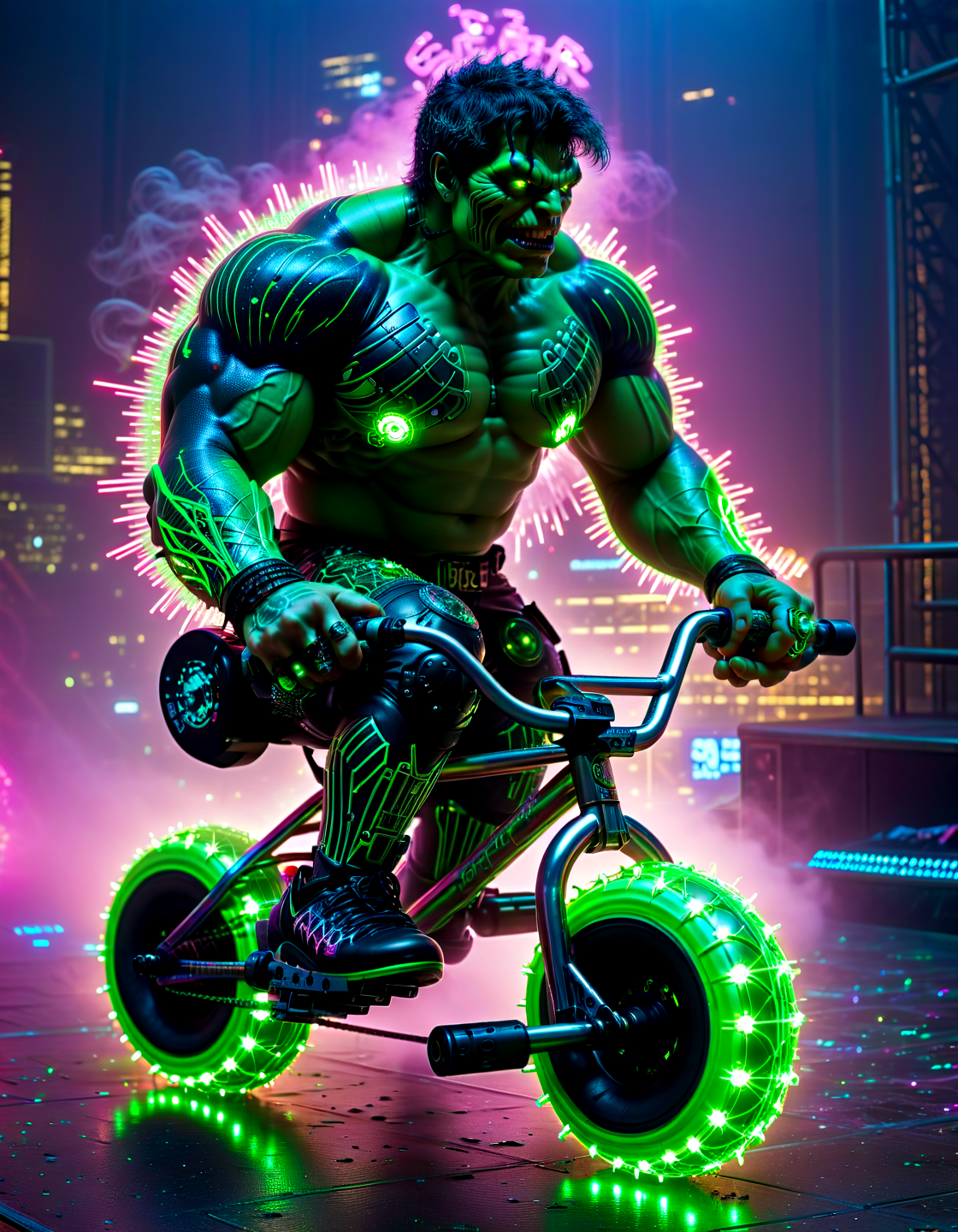 biomechanical cyberpunk the hulk riding a mini bmx, night city, neon lights, explosion, bubblegum, glitterbomb, glitter, discoball, fog, smoke, psychedelic,, . cybernetics, human-machine fusion, dystopian, organic meets artificial, dark, intricate, highly detailed