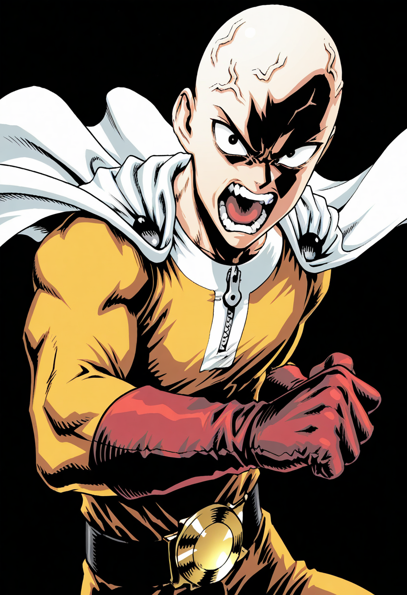 male, solo, alone, 1boy, traditional media, male focus, (bald, bodysuit, red gloves, black belt, zipper, cape), (angry, veins, open mouth, looking at viewer, ), 
 

BREAK 

(solid white background, , sa1tama, parody, , DR, 8K, beautiful, high contrast, masterpiece, best quality, amazing quality, very aesthetic, absurdres, newest, depth of field, ray tracing, dynamic angle,