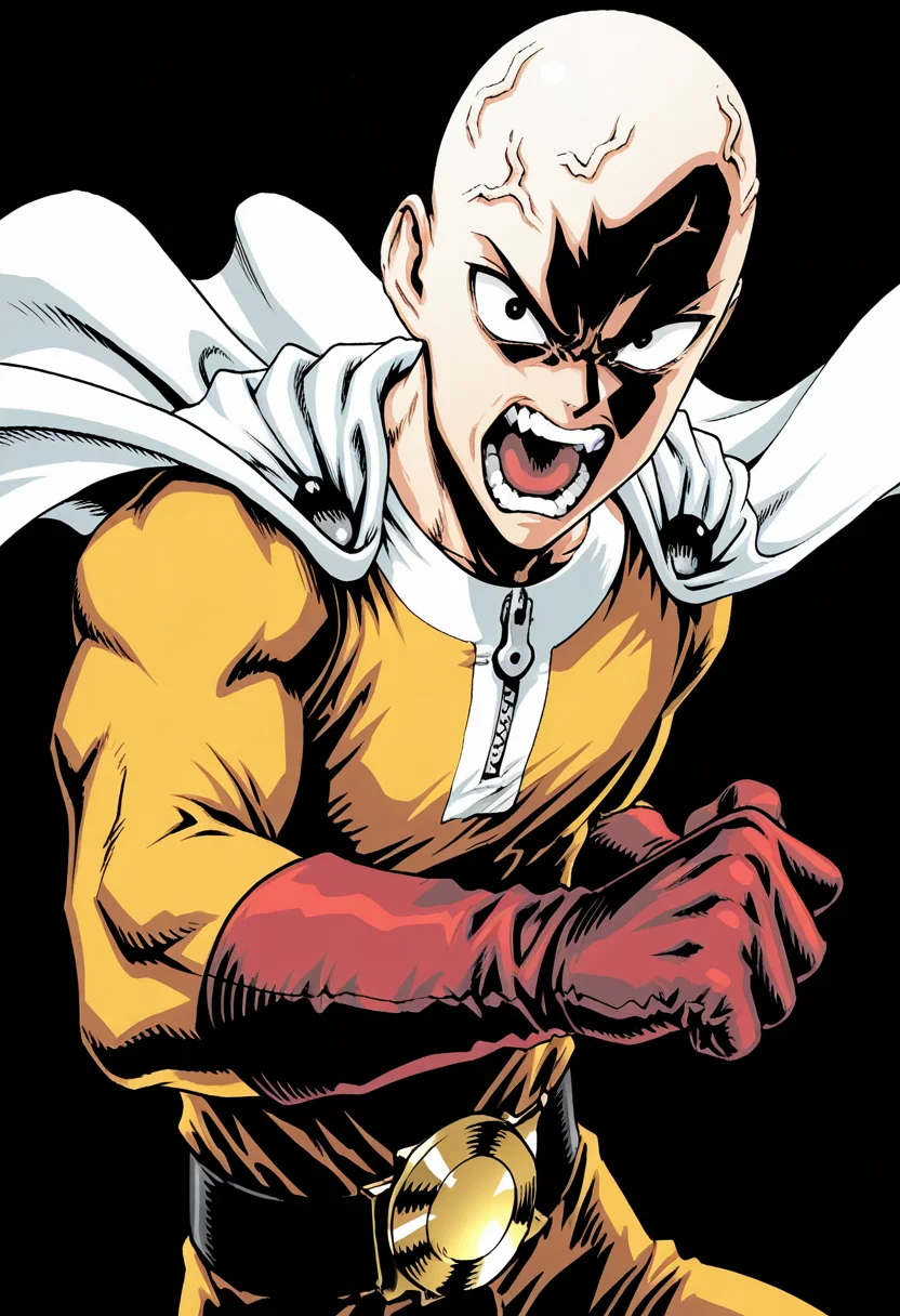 male, solo, alone, 1boy, traditional media, male focus, (bald, bodysuit, red gloves, black belt, zipper, cape), (angry, veins, open mouth, looking at viewer, ),
BREAK
(solid white background, , sa1tama, parody, , DR, 8K, beautiful, high contrast, masterpiece, best quality, amazing quality, very aesthetic, absurdres, newest, depth of field, ray tracing, dynamic angle,