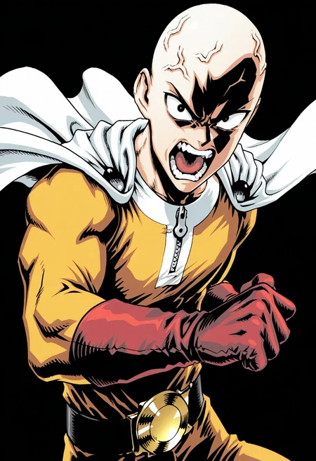 male, solo, alone, 1boy, traditional media, male focus, (bald, bodysuit, red gloves, black belt, zipper, cape), (angry, veins, open mouth, looking at viewer, ),
BREAK
(solid white background, , sa1tama, parody, , DR, 8K, beautiful, high contrast, masterpiece, best quality, amazing quality, very aesthetic, absurdres, newest, depth of field, ray tracing, dynamic angle,