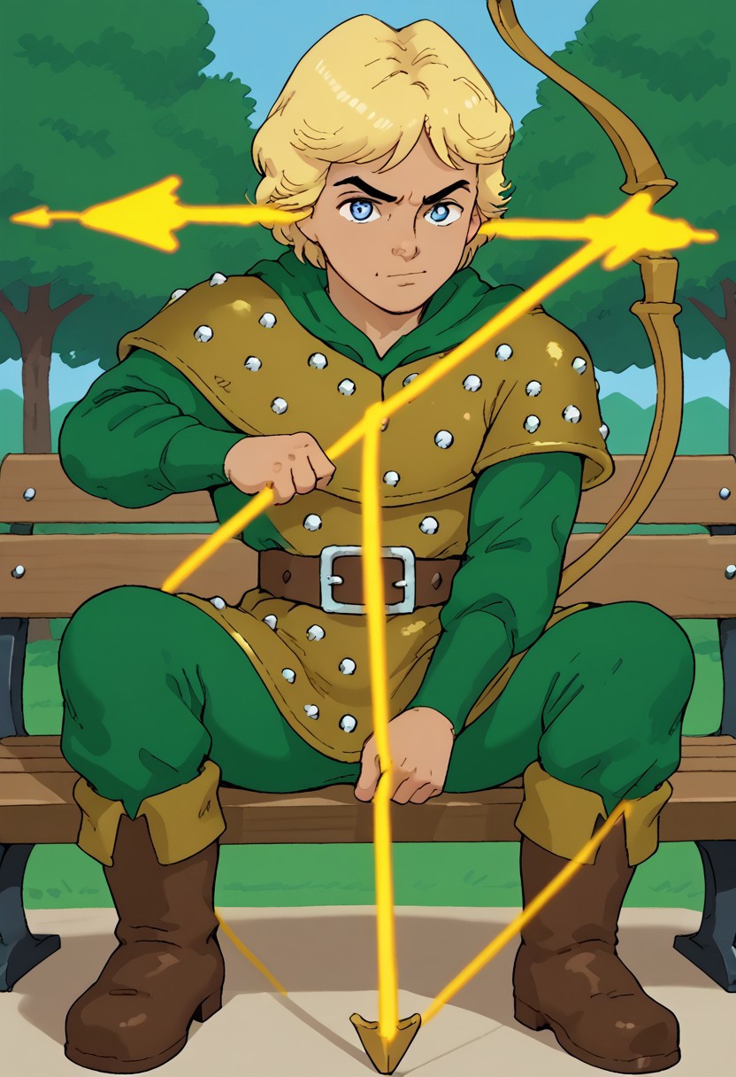 score_9, score_8_up, score_7_up, highly detailed, cute boy, 1boy, solo, 1boy, male, hanktheranger, Blonde Hair, shoulder-length Hair, slightly wavy Hair, Blue Eyes, Green tunic, golden leather armor, leather armor decorated with silver studs, green pants; brown leather boots; wide brown belt with a metallic square buckle, Wooden bow emitting glowing orange arrows, Archery stance, pulling back bowstring,, 1boy, male focus, male, young adult, solo, CuteCartoonStyle, dynamic pose, expression, sitting, bench, park