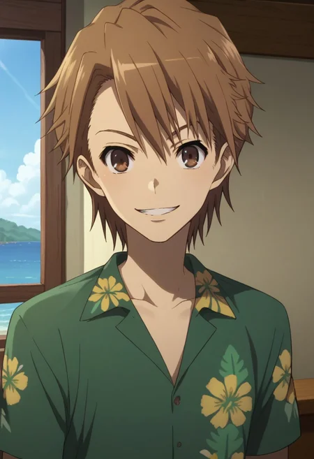score_9, score_8_up, score_7_up, source_anime, highly detailed,
naoya, 1boy, brown hair, short hair, male focus, brown eyes, smile, hawaiian shirt, indoor