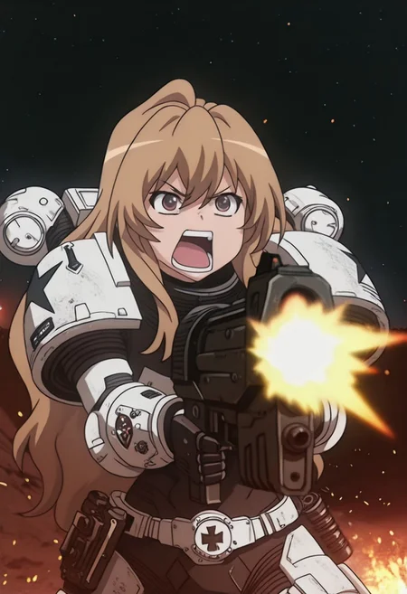 Masterpiece, absurdres, best quality, newest, solo, highly detailed, taiga aisaka, 1girl, long hair, brown hair, brown eyes, anime screencap, space marine armor, shooting heavy bolter, firing bolter, yelling, battlefield setting, embers, black sky, stars, grimdark, BlackT40k, detailed background,