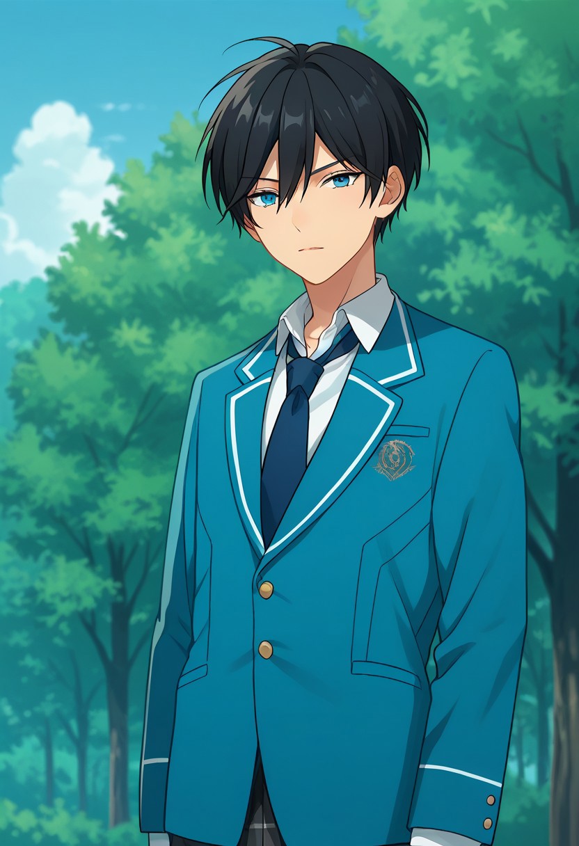 score_9, score_8_up, score_7_up, source_anime, highly detailed, 
hokuto, 1boy, male focus, solo, school uniform, plaid pants, black hair, necktie, blue necktie, 
blue eyes, plaid, pants, blazer, jacket, looking at viewer, upper body
outdoor, sky, tree
