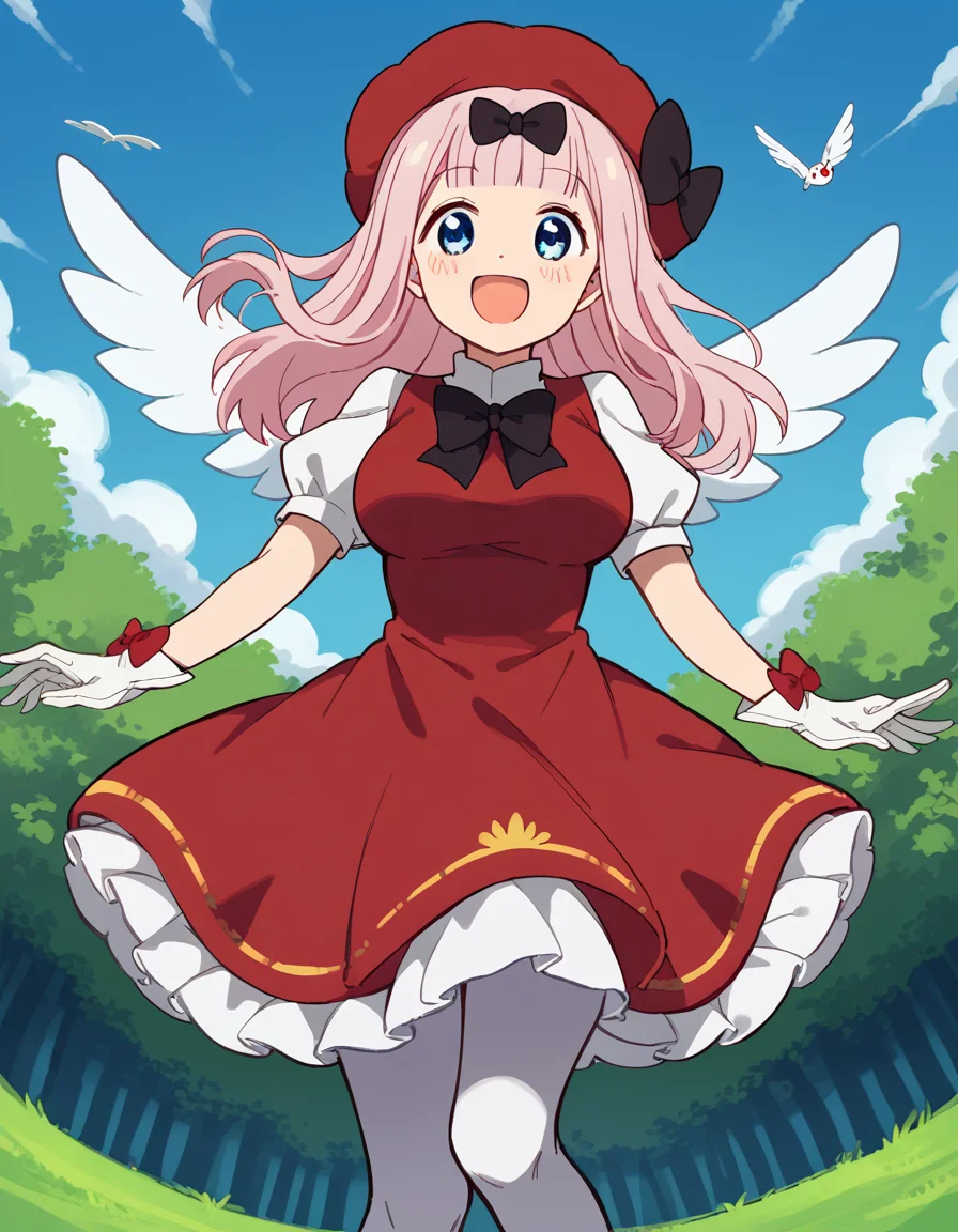 score_9, score_8_up, score_7_up, source_anime, chikafujiwara, <lora:chika-fujiwara-s3-ponyxl-lora-nochekaiser:1>, chika fujiwara, long hair, bangs, blue eyes, bow, pink hair, hair bow, blunt bangs, black bow, large breasts,, <lora:sakura-kinomoto-cosplay-ponyxl-lora-nochekaiser:1>, sakurakinomotocosplay, kinomoto sakura \(cosplay\), bow, bowtie, dress, gloves, hat, magical girl, pantyhose, petticoat, ppuffy short sleeves, puffy sleeves, red bow, red bowtie, red dress, red hat, short sleeves, white gloves, white pantyhose, white wings, wings,, outdoors, open mouth, blush, smile, flying,, cowboy shot, dutch angle, solo,