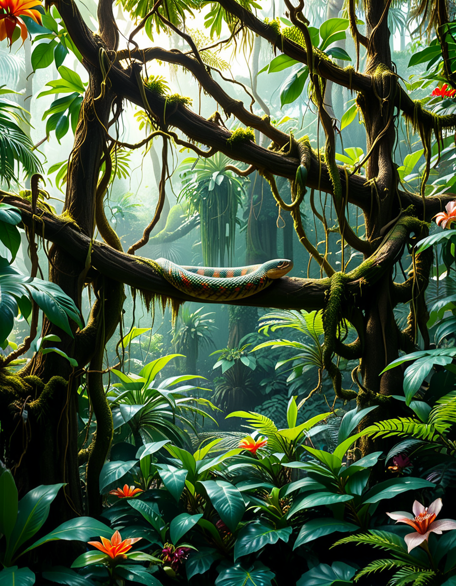 A dense and vibrant jungle,jungl3, captured in a realistic photographic style, with lush green foliage of various tropical plants, tall trees covered in moss and vines, and sunlight filtering softly through the canopy above. The atmosphere feels humid and alive, with small details such as ferns, orchids, and a scattering of tropical flowers in shades of red, yellow, and purple. A narrow, winding dirt path cuts through the undergrowth, partially hidden by fallen leaves and roots. The scene feels immersive and serene, with subtle mist lingering in the distance, enhancing the sense of depth and mystery. The overall lighting is natural, with dappled sunlight creating dynamic shadows on the ground and the surrounding plants.
<lora:jungl3:1><lora:SDXLFaeTastic2400:0.4> <lora:extremely_detailed:0.4> extremely detailed, Masterpiece,best quality,hi res,8k,hi res,8k,award winning,(sharp focus, intricate, highly detailed),