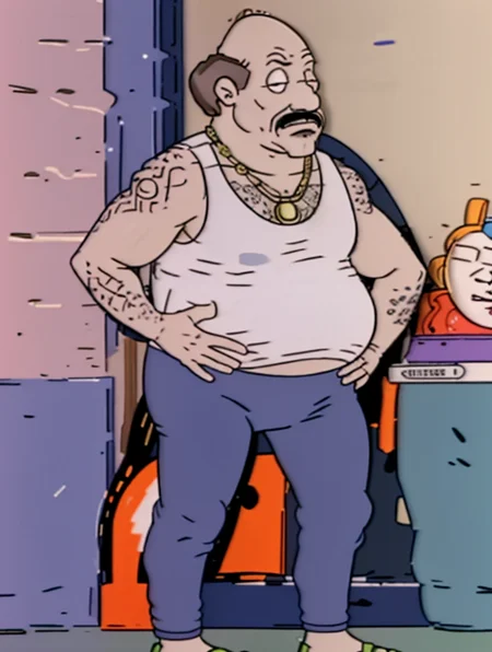 <lora:Dr_Werner_P_Lipschitz:1.0> dr_lipschitz, <lora:ATHFCarl:0.75> athfcarl, solo, 1boy, male focus, tank top, facial hair, necklace, tattoo, jewelry, pants, sandals, white tank top, blue pants<lora:LCM_SD15:1.0>