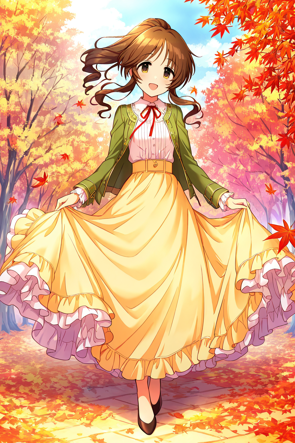 masterpiece,best quality,very aesthetic,absurdres,highres,newest,official art,official style,
1girl,solo,
takamori aiko,brown eyes,brown hair,long hair,sidelocks,
jacket,layered skirt,long skirt,long sleeves,neck ribbon,jacket,red ribbon,ribbon,shirt,skirt,white shirt,
<lora:eye_focus:1>,eye_focus,
maple leaf,leaf,
smile,standing,full body,open mouth,looking at viewer,
<lora:idolmaster_takamori_aiko_ill_v1.0:1>,