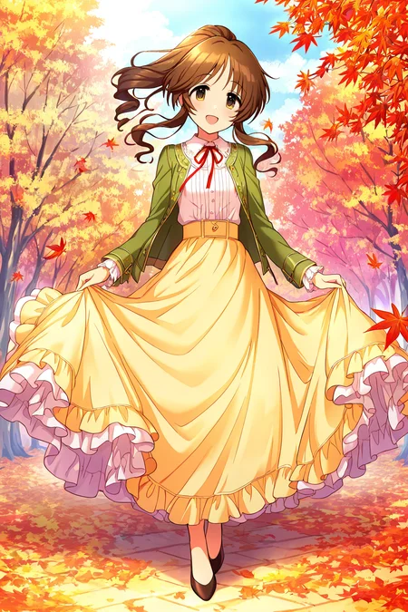 masterpiece,best quality,very aesthetic,absurdres,highres,newest,official art,official style,
1girl,solo,
takamori aiko,brown eyes,brown hair,long hair,sidelocks,
jacket,layered skirt,long skirt,long sleeves,neck ribbon,jacket,red ribbon,ribbon,shirt,skirt,white shirt,
<lora:eye_focus:1>,eye_focus,
maple leaf,leaf,
smile,standing,full body,open mouth,looking at viewer,
<lora:idolmaster_takamori_aiko_ill_v1.0:1>,