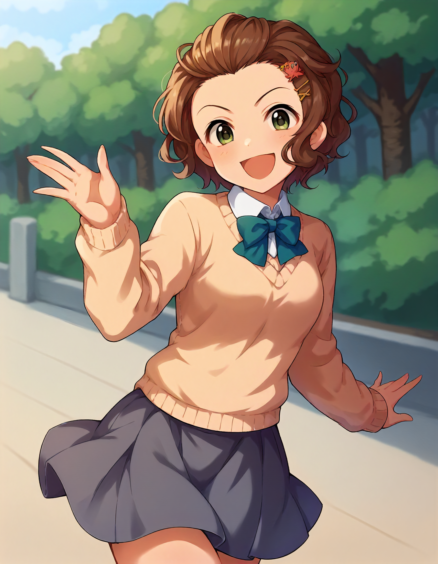 score_9,score_8_up,score_7_up,1girl,solo,cowboy shot,looking at viewer,smile,open mouth,outdoors,
<lora:nanbaemi_ponyXLV6:0.8>,cgne,
brown hair,short hair,wavy hair,green eyes,
hairclip,sweater,blue bowtie,gray skirt