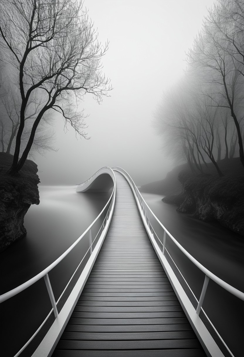 A curved footbridge flows through a textured, long exposure photography, black and white minimalism, surreal architecture, visionary symbolism, fantastic realism, mystical atmosphere, dreamlike landscapes, spiritual iconography, high contrast monochrome, ethereal fog, mythic figures, baroque surrealism, esoteric fantasy, meditative visual space, fine art stillness, metaphysical surrealism