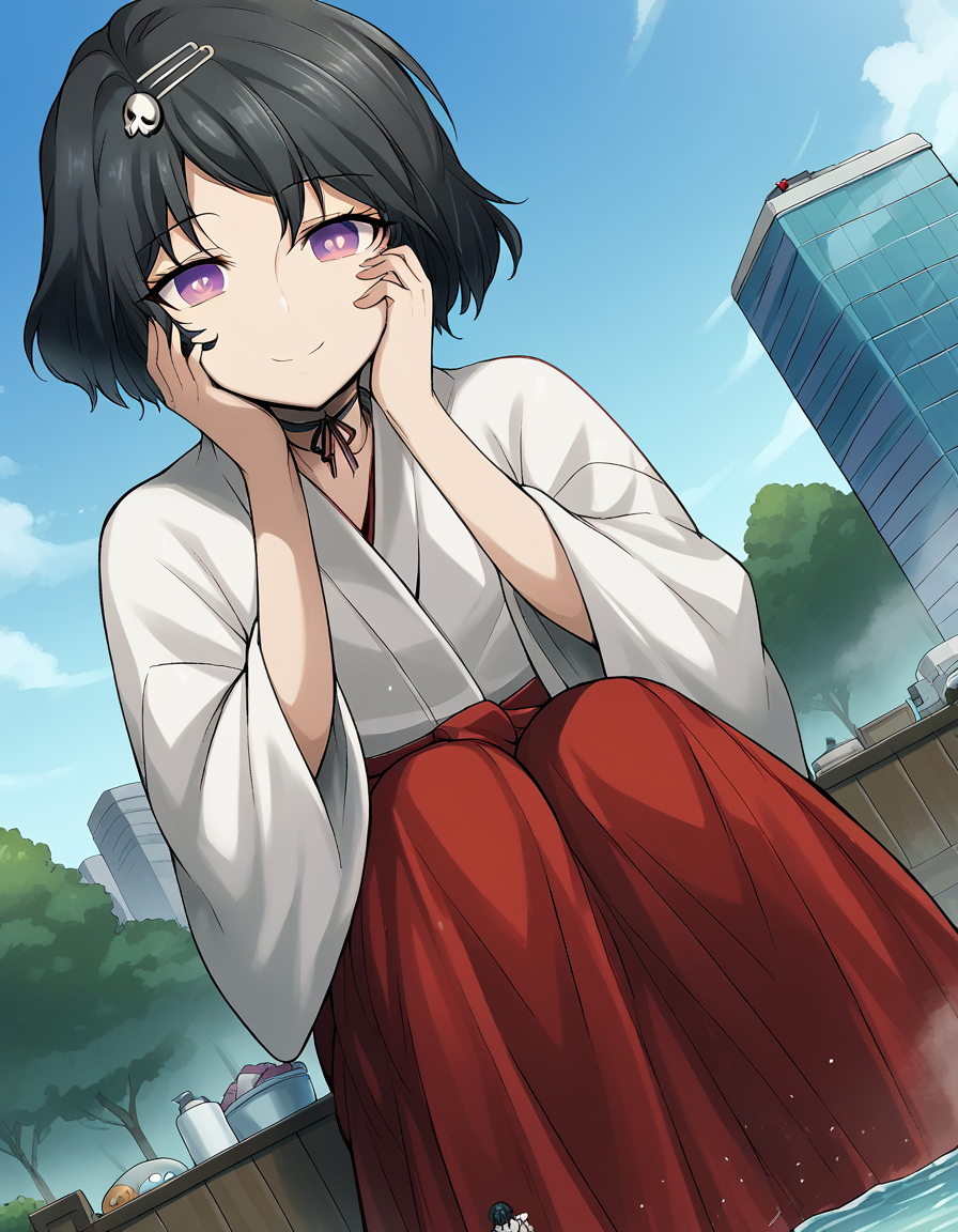 score_9, score_8_up, score_7_up, source_anime, <lora:luka-urushibara-ingame-ponyxl-lora-nochekaiser:1>, luka urushibara, black hair, choker, hair ornament, hairpin, male focus, otoko no ko, purple eyes, ribbon, ribbon choker, short hair, skull, skull hair ornament, trap,, japanese clothes, kimono, hakama, red hakama, white kimono, long sleeves,, bathtub, water, bubbles, steam, towel, smile, <lora:giantess-ponyxl-lora-nochekaiser:1> giantess, giant, city, building, outdoors, destruction, sitting, squatting, hands on own cheeks,, looking at viewer, solo,, dutch angle, cowboy shot