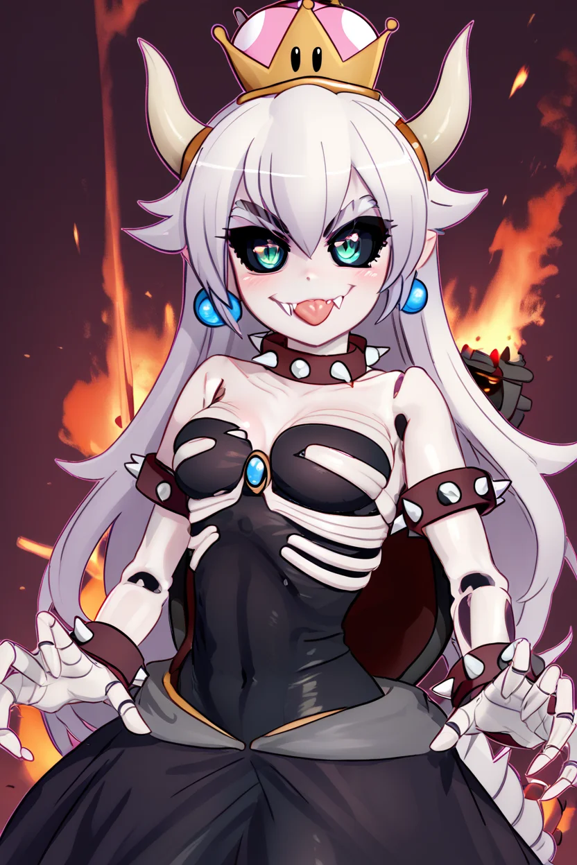 score_9, score_8_up, score_8, medium breasts, (curvy), cute, eyelashes, BREAK, , zzDryBowsette, black sclera, colored sclera, skeleton, horns, spikes, dress, hair between eyes, jewelry, very long hair, green eyes, white hair, earrings, tongue, white gloves, tongue out, colored skin, crown, pale skin, colored sclera, white skin, black sclera, ribs, skeleton, super crown, nsformation, spiked armlet, spiked shell, breathing fire, <lora:DryBowsette_PDXL:1.0>, , BREAK, smile, closed mouth, looking at viewer, cowboy shot, ,,, embedding:zPDXL, Expressiveh, ,,, <lora:MantisStyle_PDXL_v2:0.8>, <lora:SDXLFaeTastic2400:0.5>, <lora:Expressive_H-000001:0.4>,