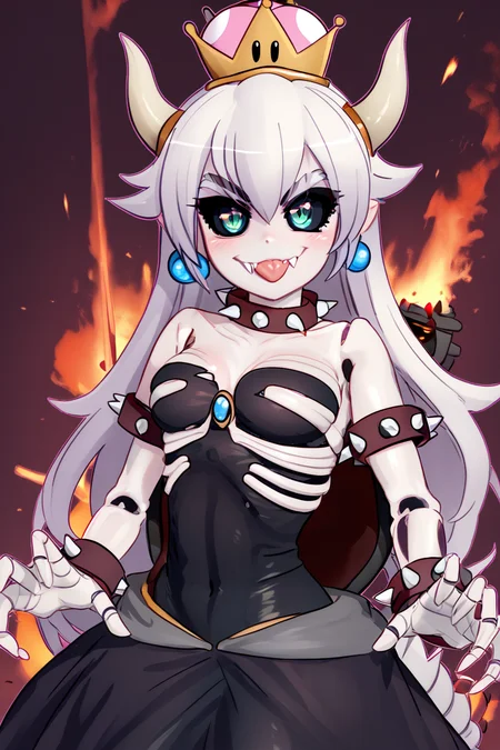 score_9, score_8_up, score_8, medium breasts, (curvy), cute, eyelashes, BREAK, , zzDryBowsette, black sclera, colored sclera, skeleton, horns, spikes, dress, hair between eyes, jewelry, very long hair, green eyes, white hair, earrings, tongue, white gloves, tongue out, colored skin, crown, pale skin, colored sclera, white skin, black sclera, ribs, skeleton, super crown, nsformation, spiked armlet, spiked shell, breathing fire, <lora:DryBowsette_PDXL:1.0>, , BREAK, smile, closed mouth, looking at viewer, cowboy shot, ,,, embedding:zPDXL, Expressiveh, ,,, <lora:MantisStyle_PDXL_v2:0.8>, <lora:SDXLFaeTastic2400:0.5>, <lora:Expressive_H-000001:0.4>,