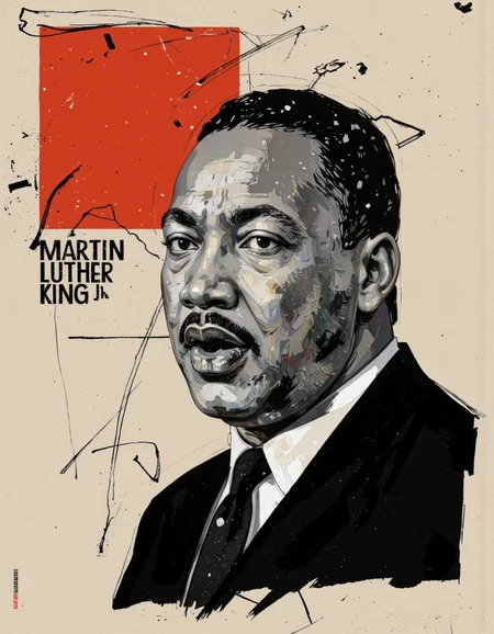 By Martin French. A black and white portrait of Martin Luther King Jr. in an abstract, minimalist style with a red square in the background. the portrait is a portrait of the civil rights leader, who is depicted in black ink on a beige background with abstract lines and brush strokes. he is facing the viewer, with his mouth open in a roaring expression, and his eyes are looking to the side. his hair is styled in a short, slicked-back manner, and he is wearing a suit and tie. the image is signed "french" in the bottom left corner. <lora:Martin_French:0.85>
