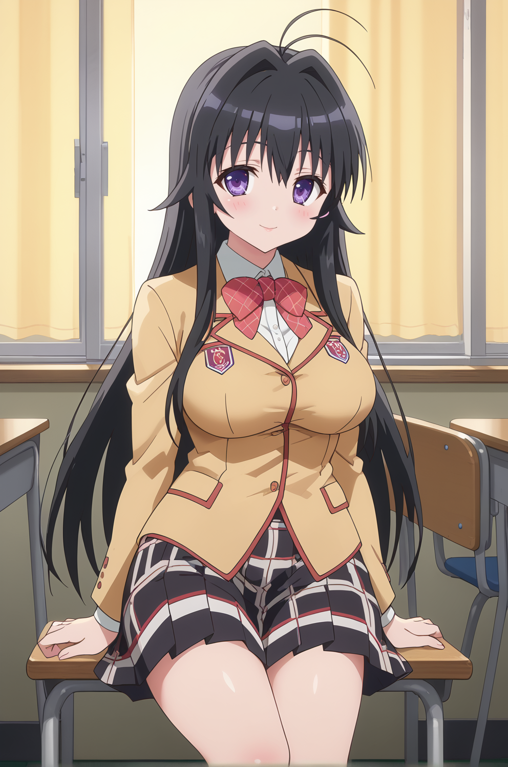 score_9, score_8_up, score_7_up, source anime, prefect lighting, very aesthetic, BREAK, anime coloring, anime screencap,
 <lora:minamoto_chizuru_v1-pdv6:1>, 1girl, minamoto chizuru, kanokon, purple eyes, black hair, long hair, large breasts,
school uniform, long sleeves, plaid skirt, bow, kneehighs,
BREAK, light smile, blush, looking at viewer,
BREAK,