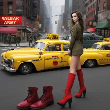 <lora:start:1> digital art of a brothel with a yellow cab a small army with red boots unbelievable