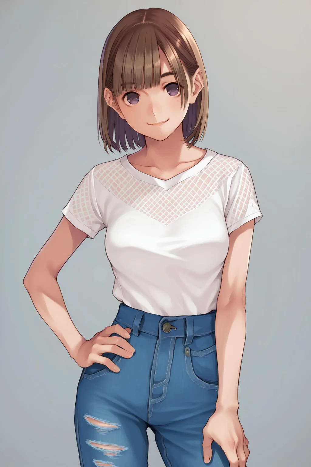 score_9, score_8_up, score_7_up, 1girl, kind smile, light_brown hair, full_bangs, dark_purple eyes, medium breasts, hand_on_hip, sidelighting <lora:mino_tarou_loveplus_PonyXL_style_v01:1>