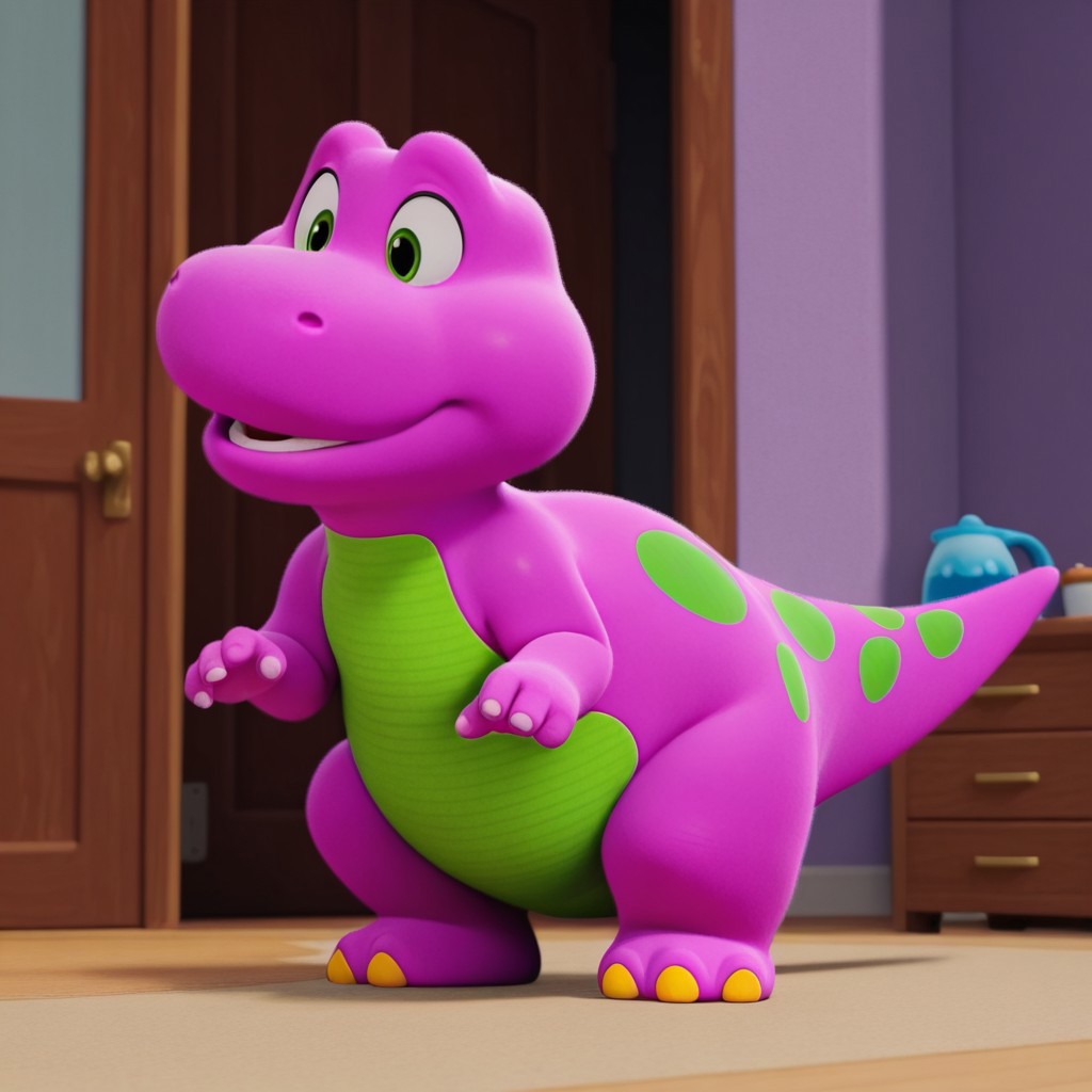 ((masterpiece, best quality, amazing quality,)) Barneybwil, semi-anthro, male, dinosaur, purple skin, green eyes, solo, inside, full body,