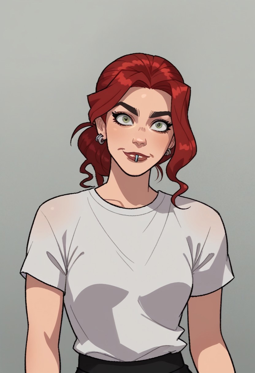 score_9, score_8_up, score_7_up, flat art, source_anime, cowboy shot, 1girl, solo, tc_val, big green eyes, silver lip piercing, silver earring piercing, red hair, hair in front of face, wearing casual modern clothes