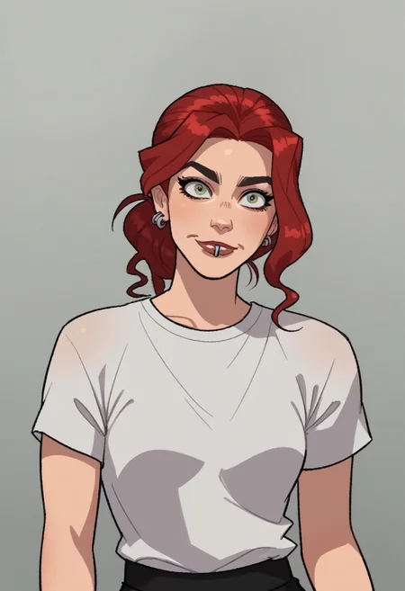 score_9, score_8_up, score_7_up, flat art, source_anime, cowboy shot, 1girl, solo, tc_val, big green eyes, silver lip piercing, silver earring piercing, red hair, hair in front of face, wearing casual modern clothes