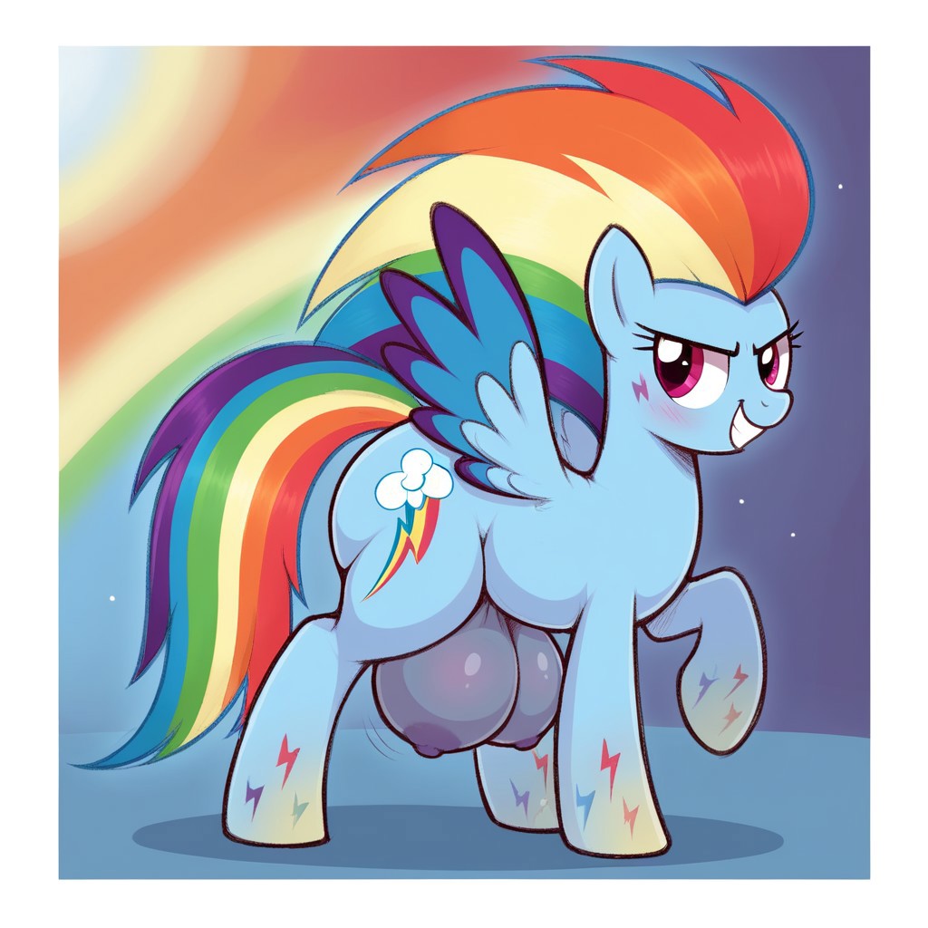 score_9, score_8_up, score_7_up, masterj291´Style, highres, hi res, best quality, masterpiece, <lora:add-detail-xl:.5>, my little pony, solo, background, detailed background, ((my little pony, <lora:mlp: fim - rainbow power - rainbow dash:1>, rainbow dash, rainbow power, determined smile, hooves, fantasy lighting, blue pegasus, large butt, grin, striped mane, gradient hooves, border, stylized rainbow mane)
), thoughtful expression, blushing expression, equine, fat ass, feral, huge ass, huge butt, plump, pony, quadruped, thick thighs, looking at the viewer ,ass crack,standing ,(Feral Pony, Pony Form, Huge crotchboobs,purple nipples, Hyper hips, thick thighs, hyper butt,large butt, butt overhang),sexy and cute thin legs,alicorn,horny,empty eyes, recording, twilight's kingdom, TWERKING