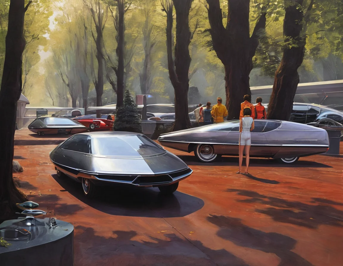 <lora:syme:0.6>syme, retrofuturistic cars, people, trees