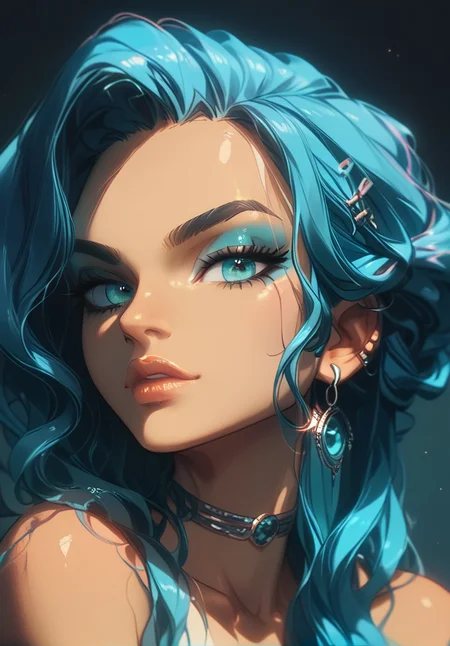 score_9, score_8_up, score_7_up, woman in 3/4 profile, clean cut short aquamarine hair, rings around retinas, close-up, mouth closed, beautiful facial features, seductive, subtle lighting, perfect image composition, <lora:GLSHS:0.75>