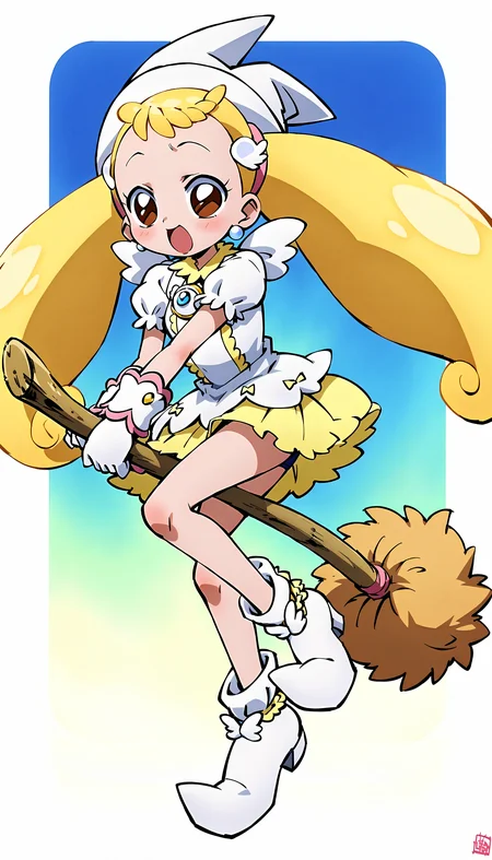 anime artwork of score 9,score_8_up,score_7_up,source_anime,masterpiece,best quality,(parody:1),(official art:0.5),
BREAK
(makihatayama hana:1),1girl,twintails,blonde hair,brown eyes,ornament,hairband,solo,
BREAK
(hanawitch:1),magical girl,(yellow frills:1.5),jewelry,earrings,skirt,witch hat,dress,hairclip,white gloves,puffy sleeves,white footwear,(wing ornament:1.5),(white boots:1.2),
BREAK
broom riding,broom,broomriding,(blue sky:1.2),
<lora:hana_makihatayama_xl_for_pony_xl_v01>,<lora:Broom_Riding_PONY_XL:0.6>,