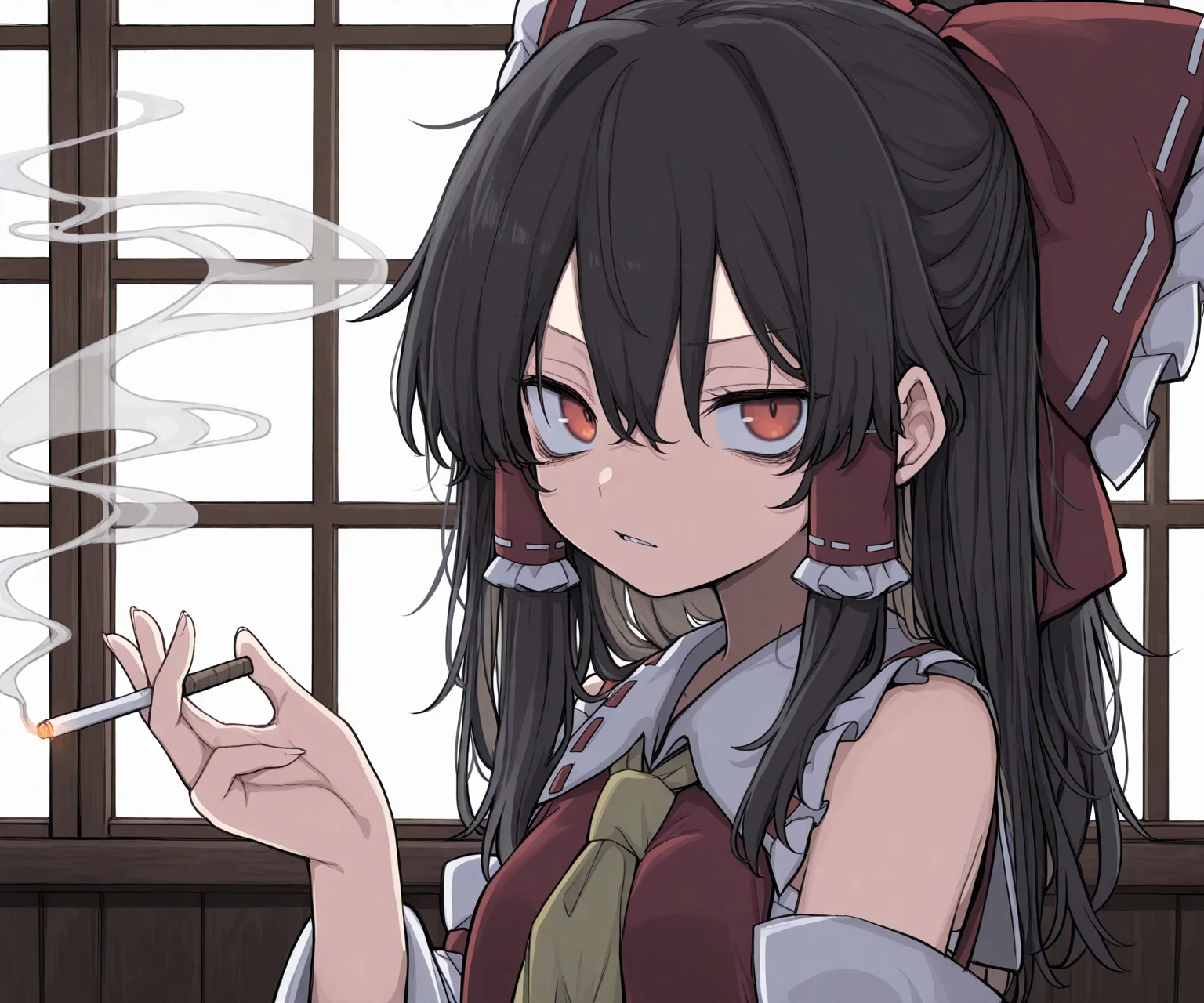 masterpiece, best quality, amazing quality, 1girl, solo, looking at viewer, smoking, <lora:Uwata_h ILXL:1> Uwata_h, touhou