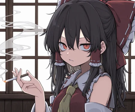 masterpiece, best quality, amazing quality, 1girl, solo, looking at viewer, smoking, <lora:Uwata_h ILXL:1> Uwata_h, touhou