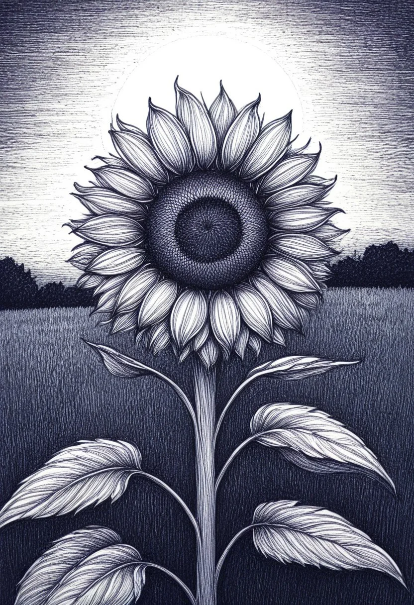 novuschroma42 style ballpoint pen drawing, ballpoint pen drawing, a sunflower on a field in the middle of summer with a sunset behind it
