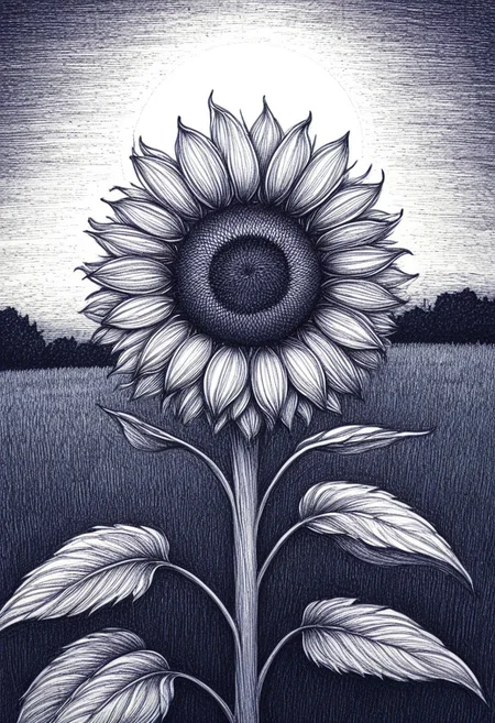 novuschroma42 style ballpoint pen drawing, ballpoint pen drawing, a sunflower on a field in the middle of summer with a sunset behind it